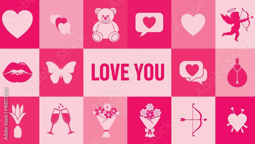 a colorful valentine s day themed collage with various love symbols and icons in pink hues everywhere