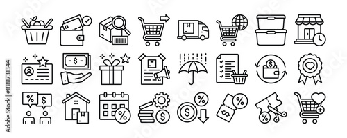 Shopping icon collection. Containing design Grocery, Groceries, Wallet, Barcode, Trolley	