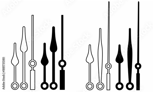 line art, outline and silhouette clock hand icon set.hour, minute, and second hands in various classic and modern shapes.for clocks, watches, infographics, and time design. vector illustration