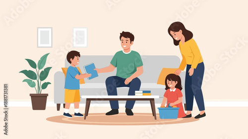 A family in their living room, a father hands a book to his son while his daughter plays with a toy, a mother watches lovingly