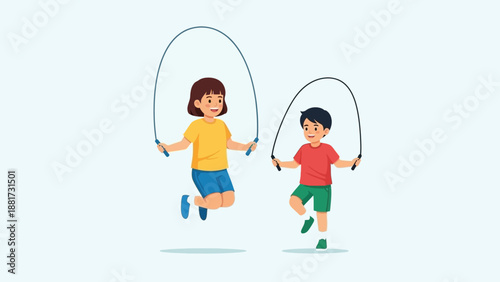 Two children are depicted enthusiastically jumping rope, engaged in a joyful outdoor activity that promotes physical fitness and a healthy lifestyle