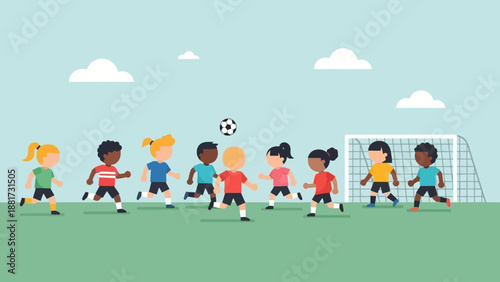 Lively group of diverse children enthusiastically playing a friendly game of soccer on a vibrant green field, promoting teamwork, sport, and outdoor fun