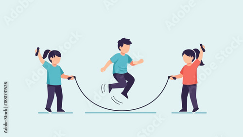 Children joyfully jumping rope together in a park, celebrating active play and friendship in a healthy outdoor environment