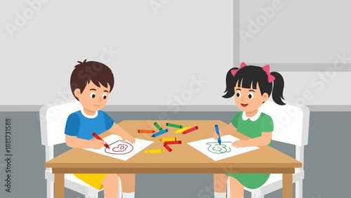 Two young children, a boy and a girl, happily drawing and coloring pictures with crayons at a wooden table in a classroom or play area, showcasing creativity and learning