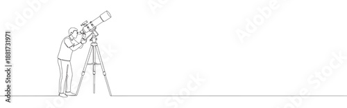 Continuous line drawing of a person looking through a telescope, symbolizing exploration, discovery, and scientific curiosity