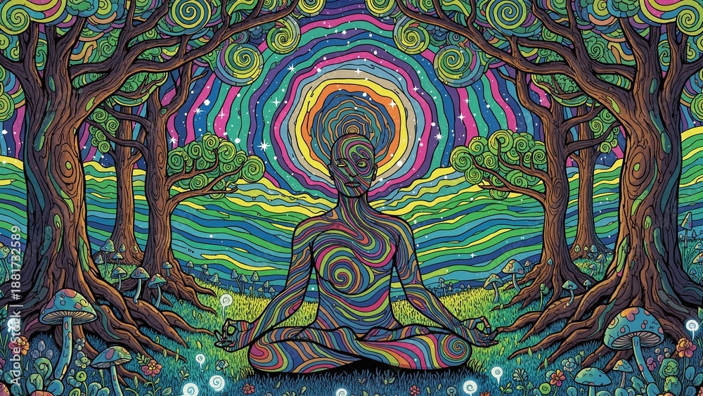 Obraz premium Colorful illustration of a meditating figure surrounded by trees 