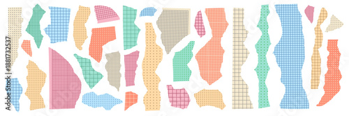 Ripped checkered paper fragments with grid texture. Multicolor scrap paper bits on millimeter pattern. Damaged page cutout background