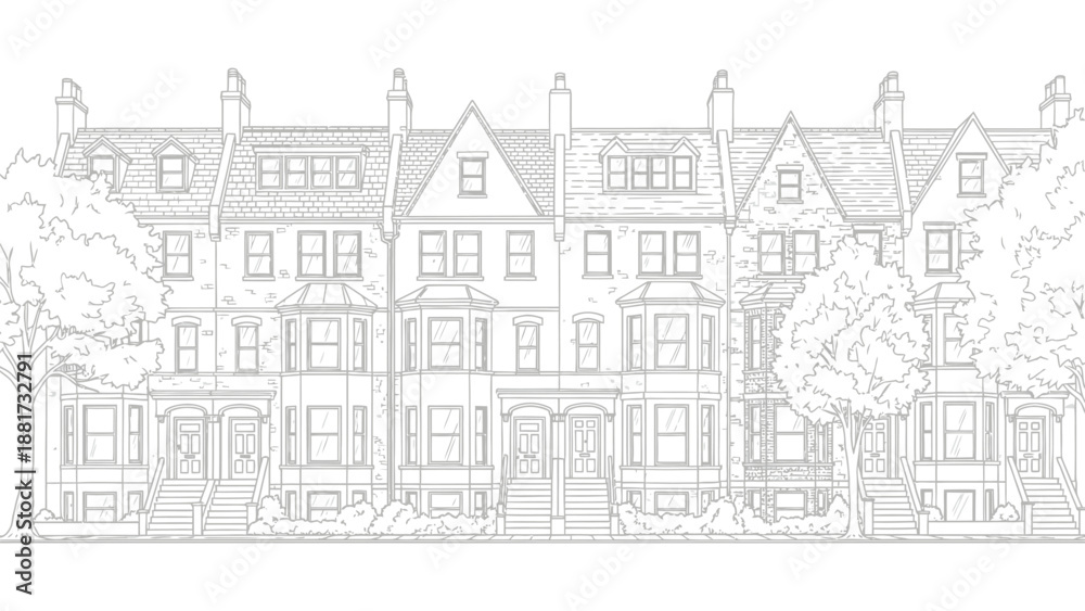 Obraz premium Detailed black and white line art illustration of traditional terraced townhouses with trees along the street