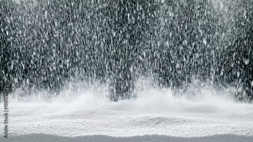 Snow fall transition and heavy blizzard accumulation on dark background for visual effects and cinematic motion graphics