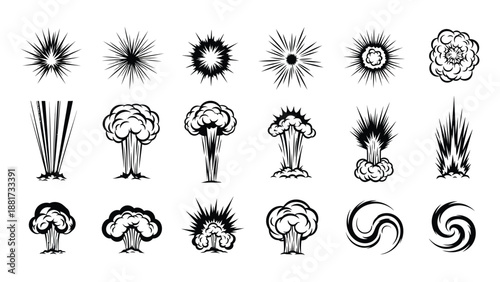 Collection of black and white graphic icons depicting comic book-style explosion bursts and smoke clouds