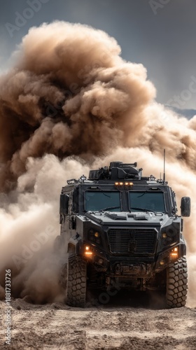 Military vehicle navigating through dust storm
