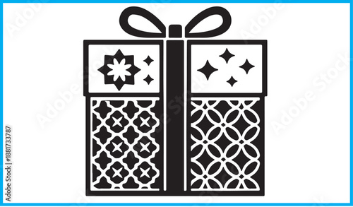 Gift Box Silhouette: A clean, elegant, graphic of a wrapped gift box, perfect for conveying messages of celebration, anticipation, and the joy of giving, with intricate patterns and designs.