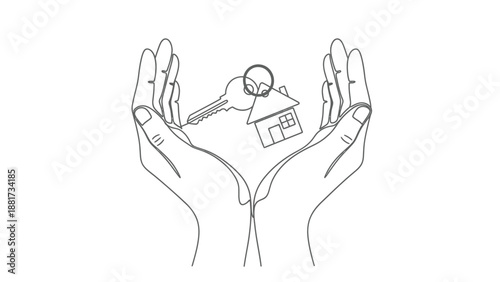 Line art illustration of cupped hands holding a small house and key symbolizing security