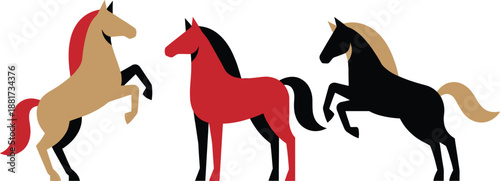 Stylized horses in artistic vector illustration, featuring bold colors and dynamic poses, ideal for equestrian themes, logos, branding, decor, merchandise, and creative design projects