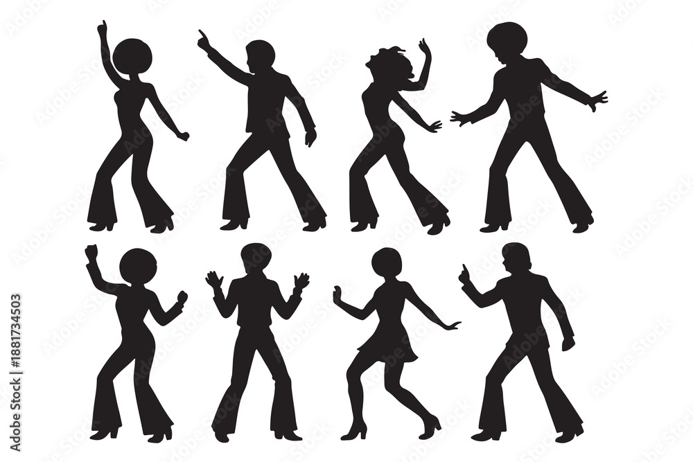 Obraz premium A vibrant collection of disco dancer silhouettes grooving to the rhythm of the 70s era party