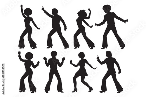 A vibrant collection of disco dancer silhouettes grooving to the rhythm of the 70s era party
