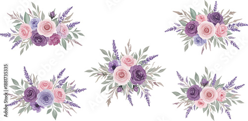 Watercolor floral arrangements in purple pink and green on white background