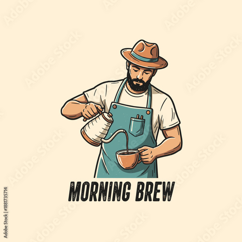 Vintage barista logo design Morning Brew illustration Retro man beard hat apron pouring coffee kettle mug Hand drawn style emblem café branding character artwork Hipster coffee brewer