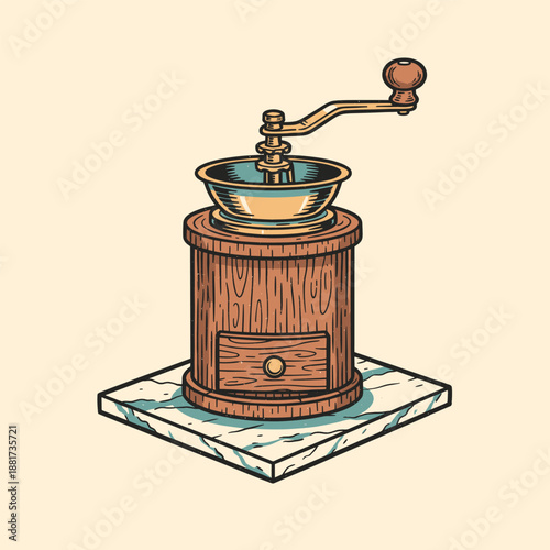 Vintage Coffee Grinder Hand Mill Drawing Illustration Retro Style Manual Caffeine Equipment Kitchen Tool Wood Cabinet Metal Hopper Crank Handle Isometric Perspective Old Antique Burr Grinder Beige