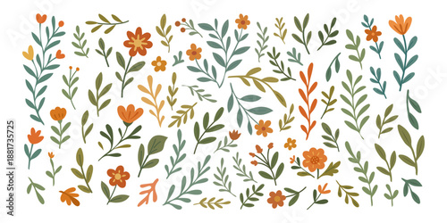 Modern botanical clipart set with hand-drawn leaves and flowers in warm earthy tones. Trendy vector elements for branding, packaging, stationery, social media, textiles, and surface design