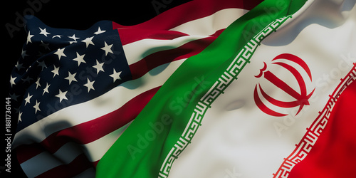 Flags of the United States and Iran waving together in a split display with contrasting colors and symbols