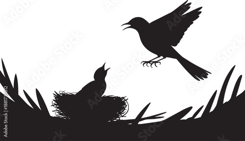 Silhouette bird feeding chick in grass nest, outdoor nature scene, vector illustration