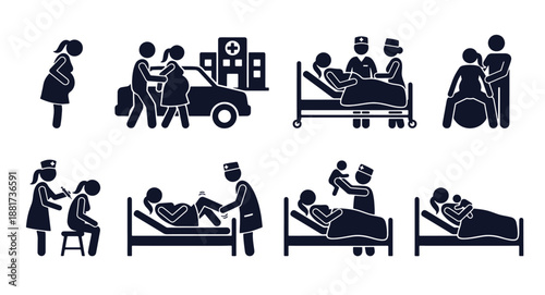 Childbirth and delivery icon set. Stick figure black silhouettes of labor, hospital arrival, breathing, epidural, pushing, delivery, skin-to-skin. Flat vector pictograms