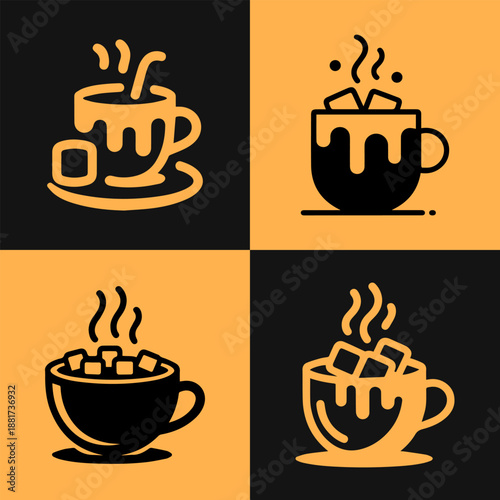 Four stylized icons of hot beverages with steam and marshmallows or sugar cubes on contrasting backgrounds.