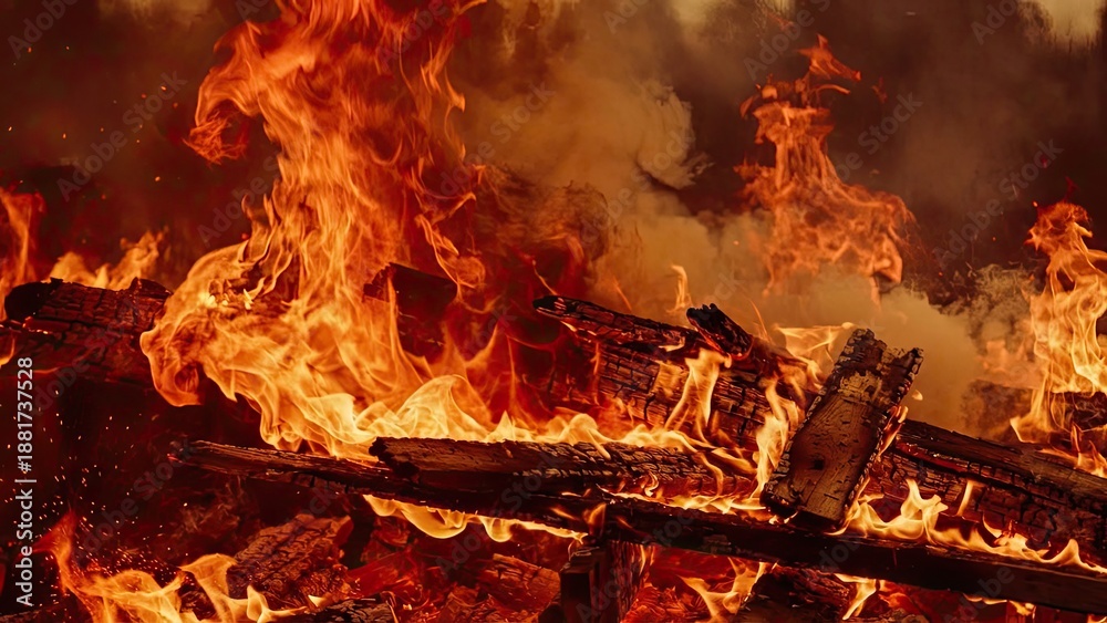 Obraz premium Blank wooden table with fire and smoke concept. Vivid flames engulf wooden logs creating a mesmerizing fire.
