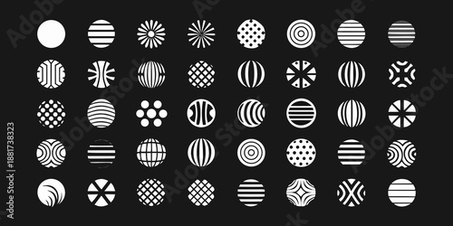 collection of various black and white geometric patterns on spheres