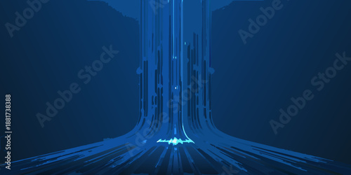 a blue light beam shines brightly in a dark room with futuristic lines