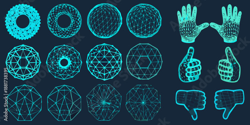 collection of various geometric shapes and hand symbols in cyan on dark background