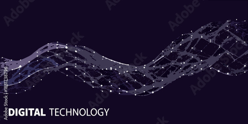 a digital technology wave with a network of lines and dots on a dark background