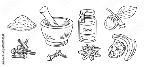 hand-drawn clove spice illustration set showing whole and ground cloves, mortar and pestle, pomander, jar, black and white line art sketch.