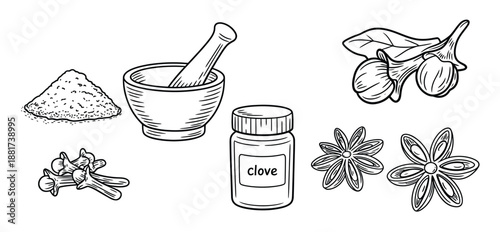 hand-drawn clove spice illustration collection showing whole and ground cloves, mortar and pestle, pomander, jar, simple black and white line art.