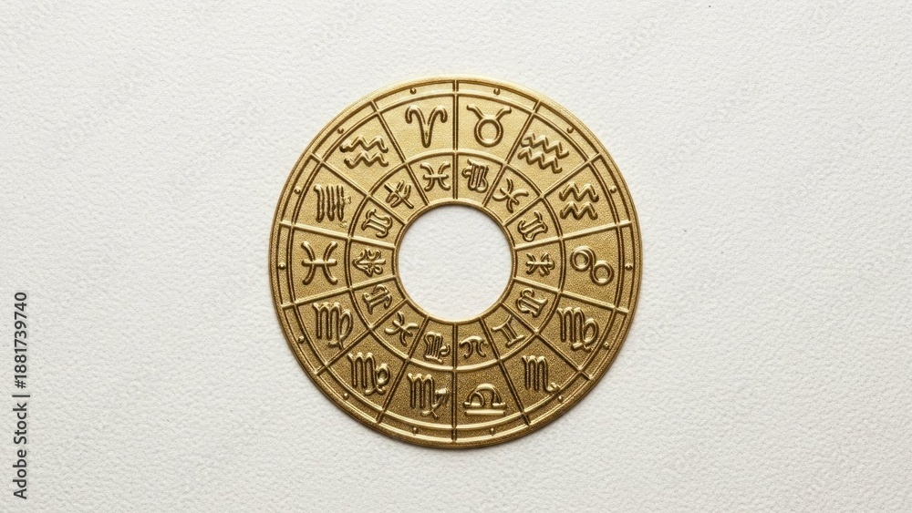 Fototapeta premium A golden, circular astrological sign with the zodiac signs of the signs of the zodiac, set against a white background.