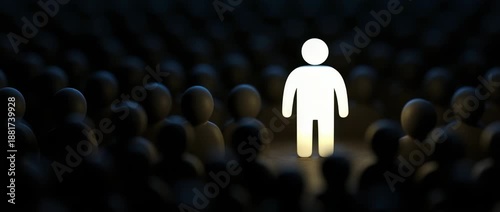 Bright glowing human figure stands out among many dark indistinct crowd silhouettes