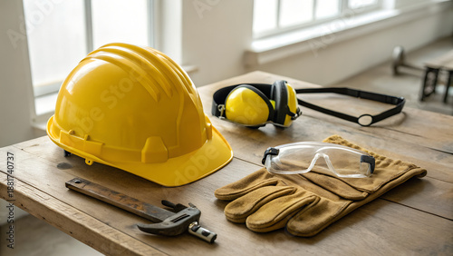 Professional construction safety equipment with yellow hard hat, protective gloves, and work boots on wooden background.