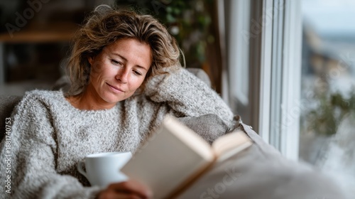 A relaxed woman with tousled hair enjoys a book while seated on a comfortable couch, creating an inviting homey atmosphere perfect for unwinding and enjoying moments of peace.