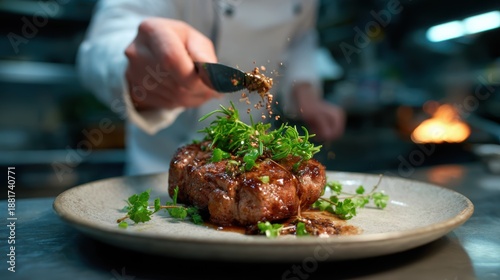 An experienced chef elegantly garnishing a gourmet dish in a professional kitchen, showcasing culinary expertise and attention to detail in the food presentation process.