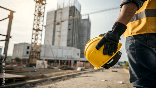 Professional construction safety equipment with yellow hard hat, protective gloves, and work boots on wooden background.