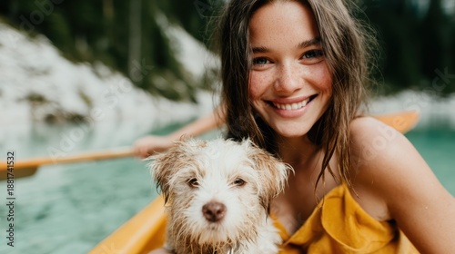 A cheerful girl holding a small dog while kayaking on a crystal-clear lake, illustrating adventure, companionship, and the joy of exploring nature together in perfect harmony.