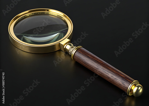 Gold Magnifying Glass with Wooden Handle Isolated on Black Background
