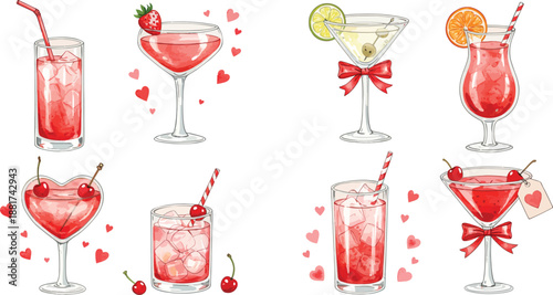 Variety of romantic cocktails with red hues and garnishes on white background