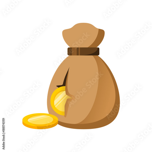 Brown torn money bag with gold coin drop icon vector design