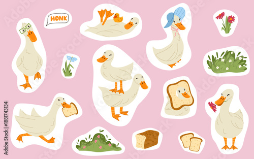 Cute goose cartoon sticker set with funny duck characters. Cottage core. Adorable geese vector hand drawn illustration for spring sticker pack, packaging, branding, postcards, scrapbooking, journaling