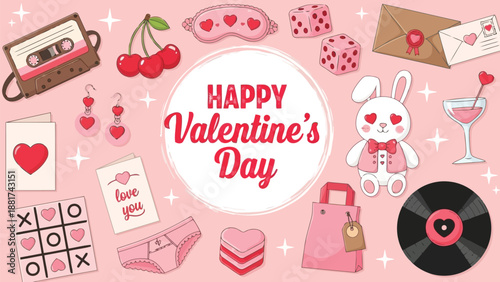 A delightful valentine s day collection featuring hearts bunnies cherries and retro elements in a playful illustration