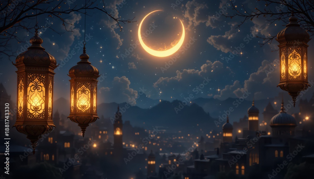 Fototapeta premium Glowing Arabic Lanterns in the Foreground with a Crescent Moon and Mountain Village at Night