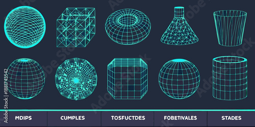Wireframe models of various geometric shapes and objects