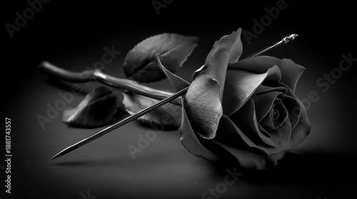 A black and white still life of a single rose.  Dark, elegant, and dramatic lighting emphasizes the sculpted form